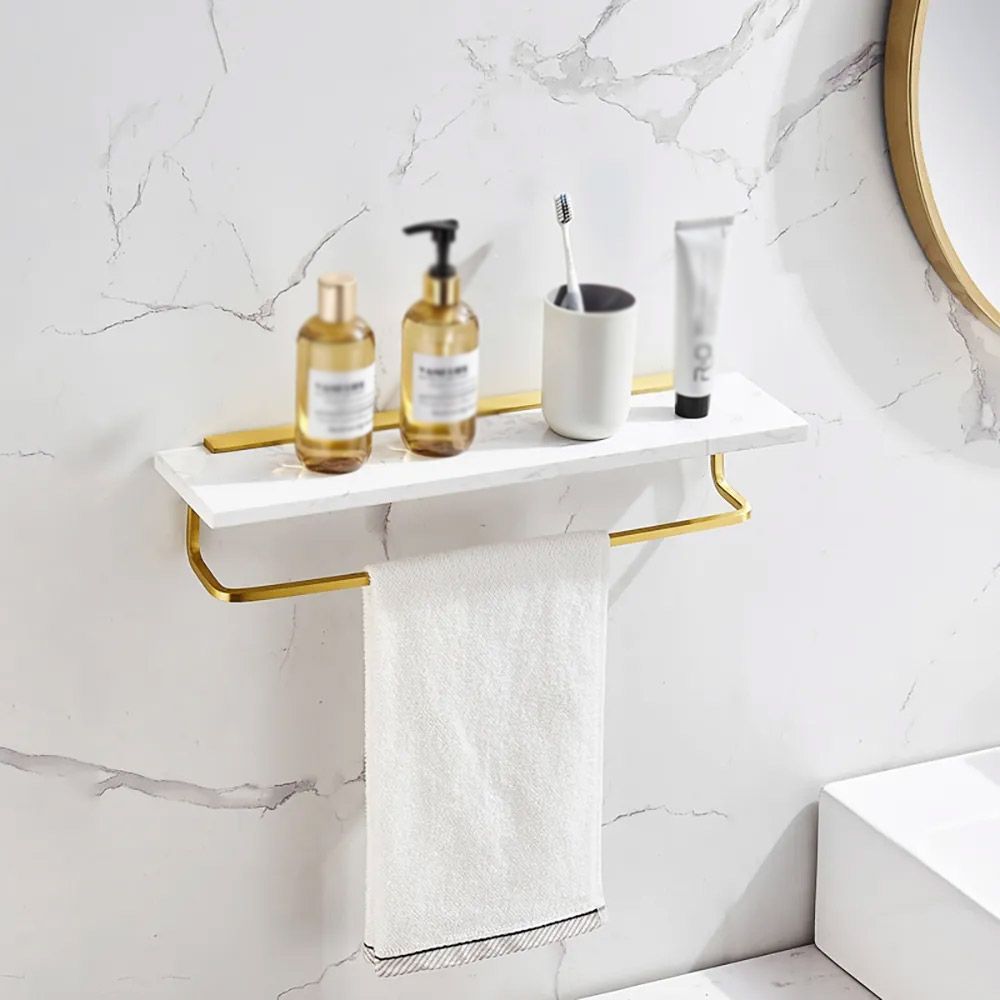 Modern White Bathroom Floating Towel Rack with Marble Shelf