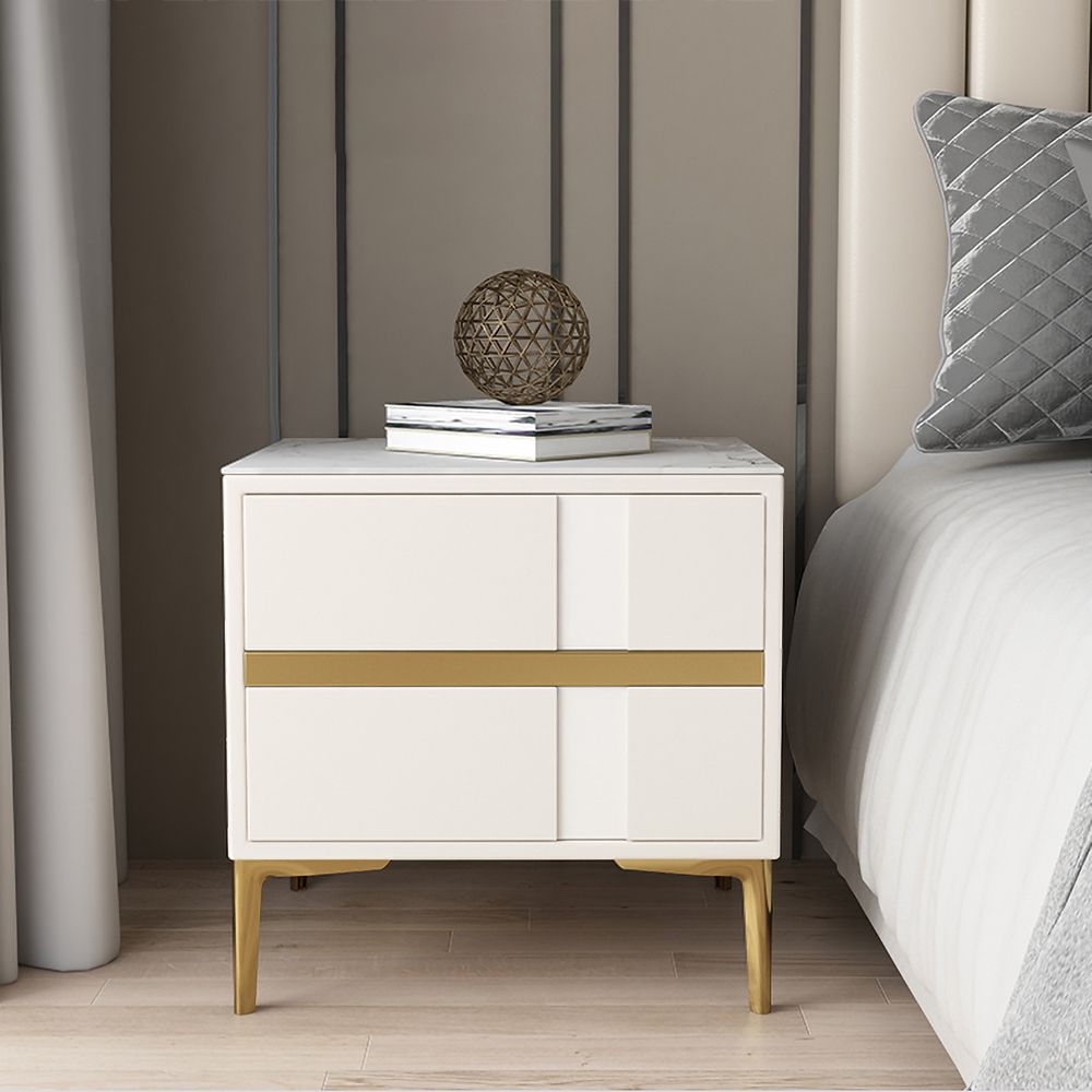 Beige Bedroom Nightstand with 2-Drawer Modern Bedside Table Stone Top