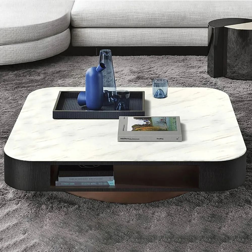 White Square Coffee Table with Storage Modern Accent Table Marble Top
