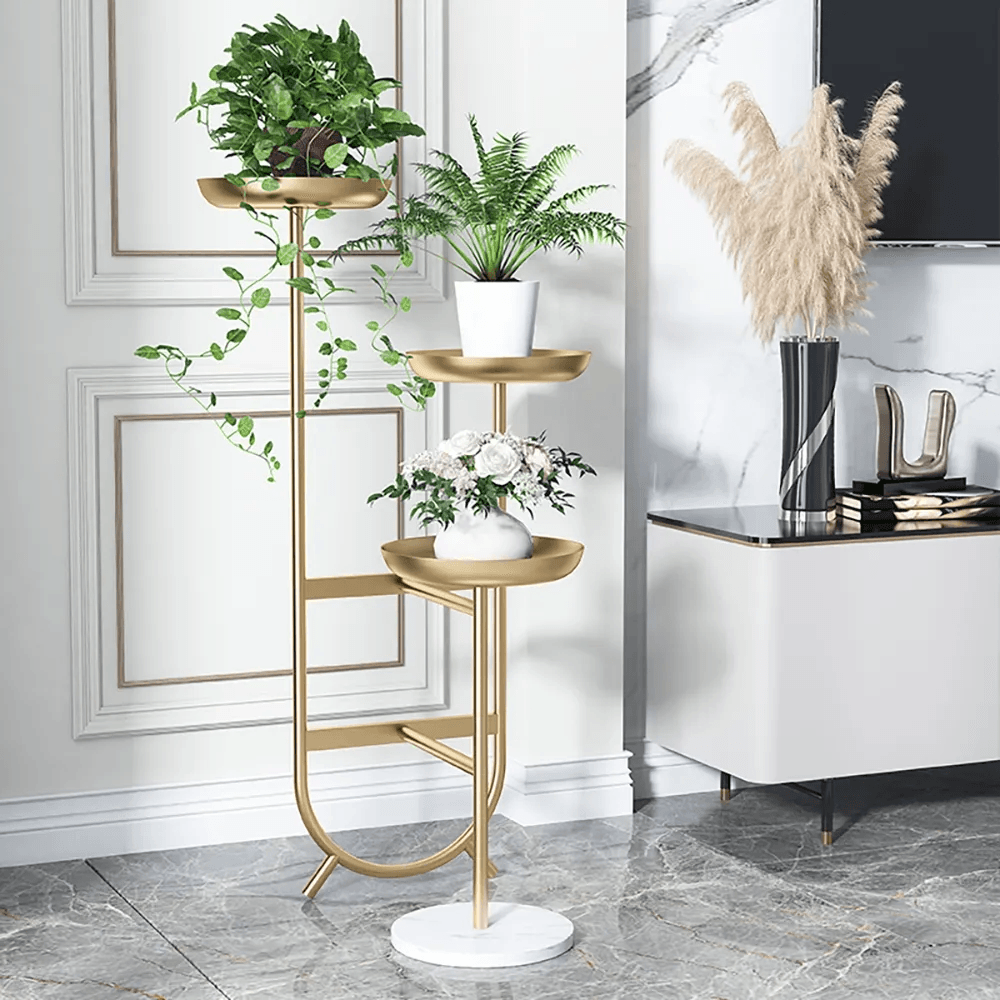 Chic Unique Shaped Metal Standing Plant Stand in Gold