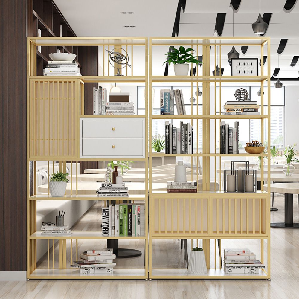 Contemporary Line Solid Wood Etagere Bookshelf in Gold&White