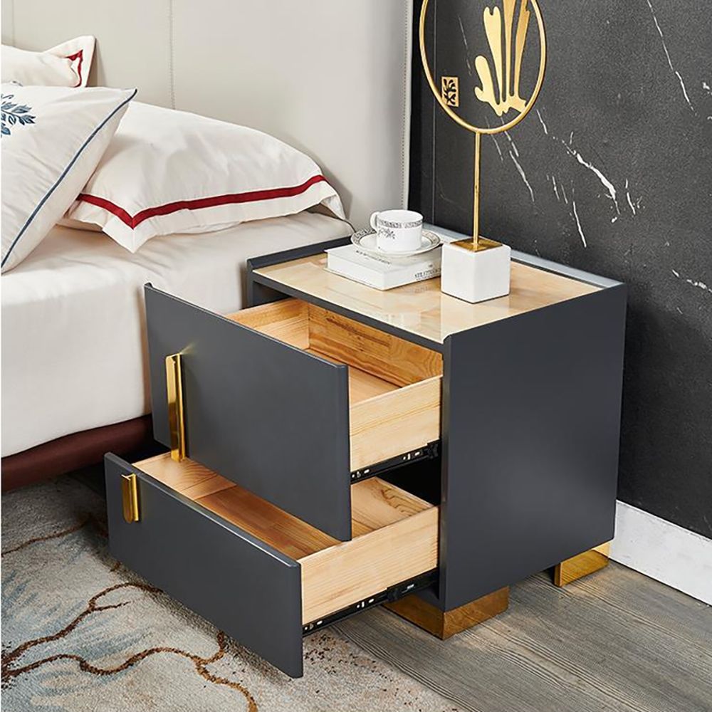 Modern Gray Nightstand Stone Top Bedside with 2 Drawers in Gold