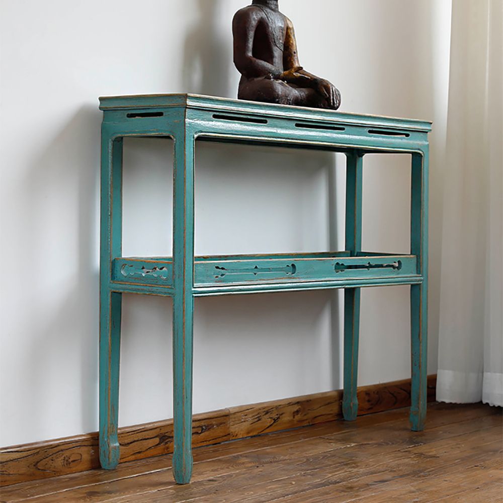 Retro 2Tiered Wood Narrow Console Table with Shelf Green