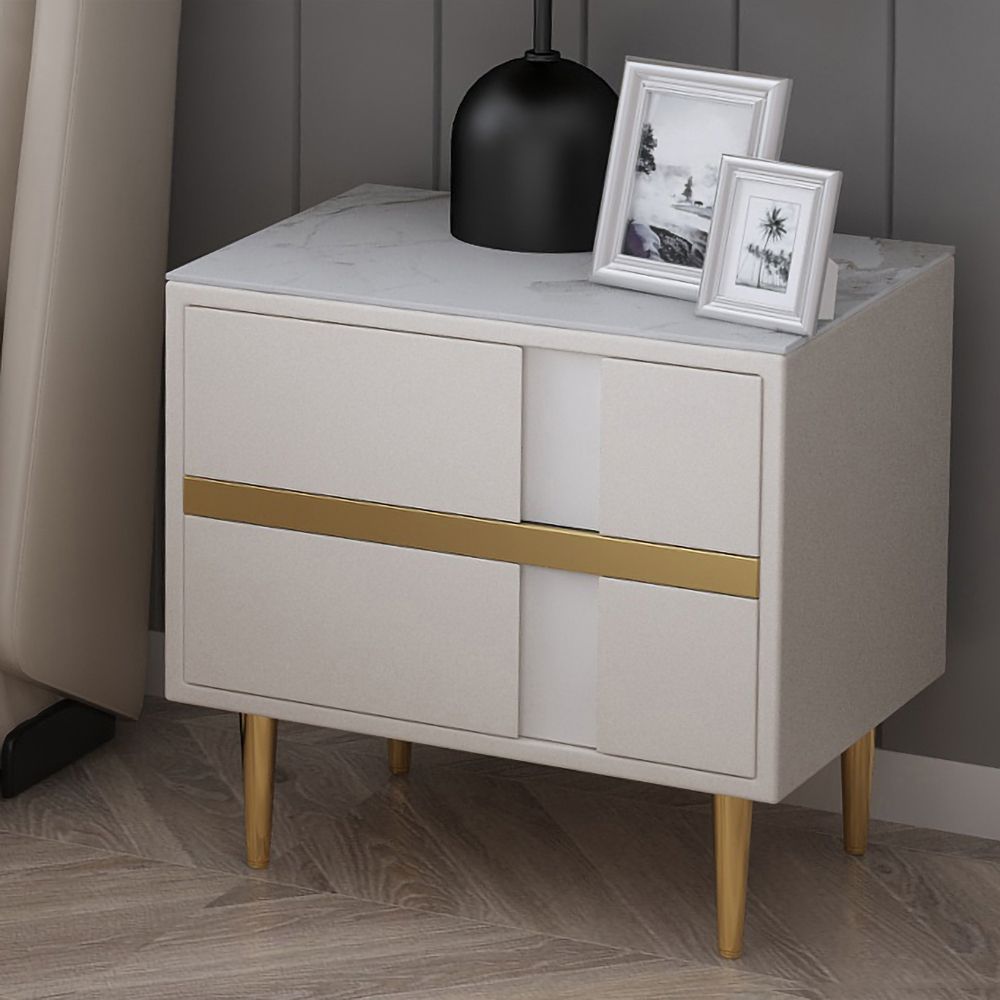 Beige Bedroom Nightstand with 2Drawer Modern Bedside Table Stone Top