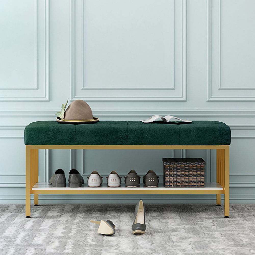 Green Storage Entryway Bench Upholstered Velvet Modern Bench with Shelf