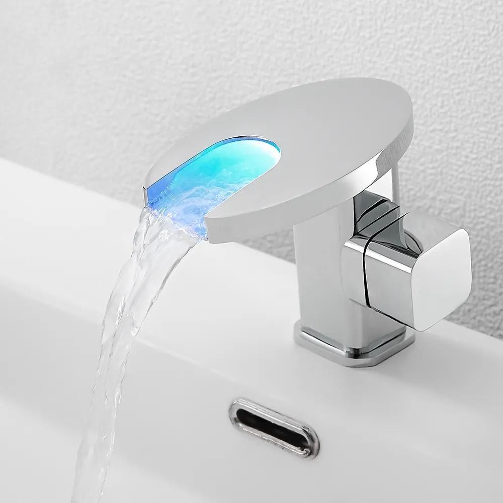 LED Single Handle Waterfall Bathroom Sink Faucet Round Spout Solid