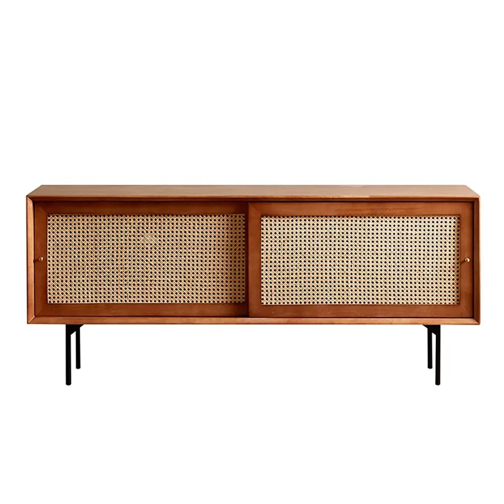 55" Cottage Natural TV Stand with Rattan Woven Doors & Adjustable Shelves