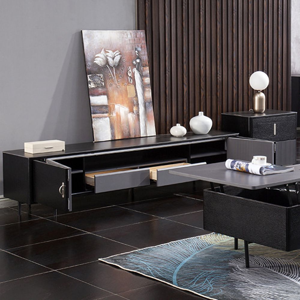 79 „schwarzer TV-Ständer Stone Top Medienkonsole mit Falttüren und