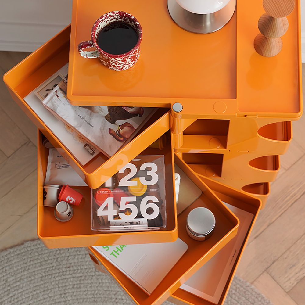 Orange End Table with Storage & Wheels Multifunction Side Table