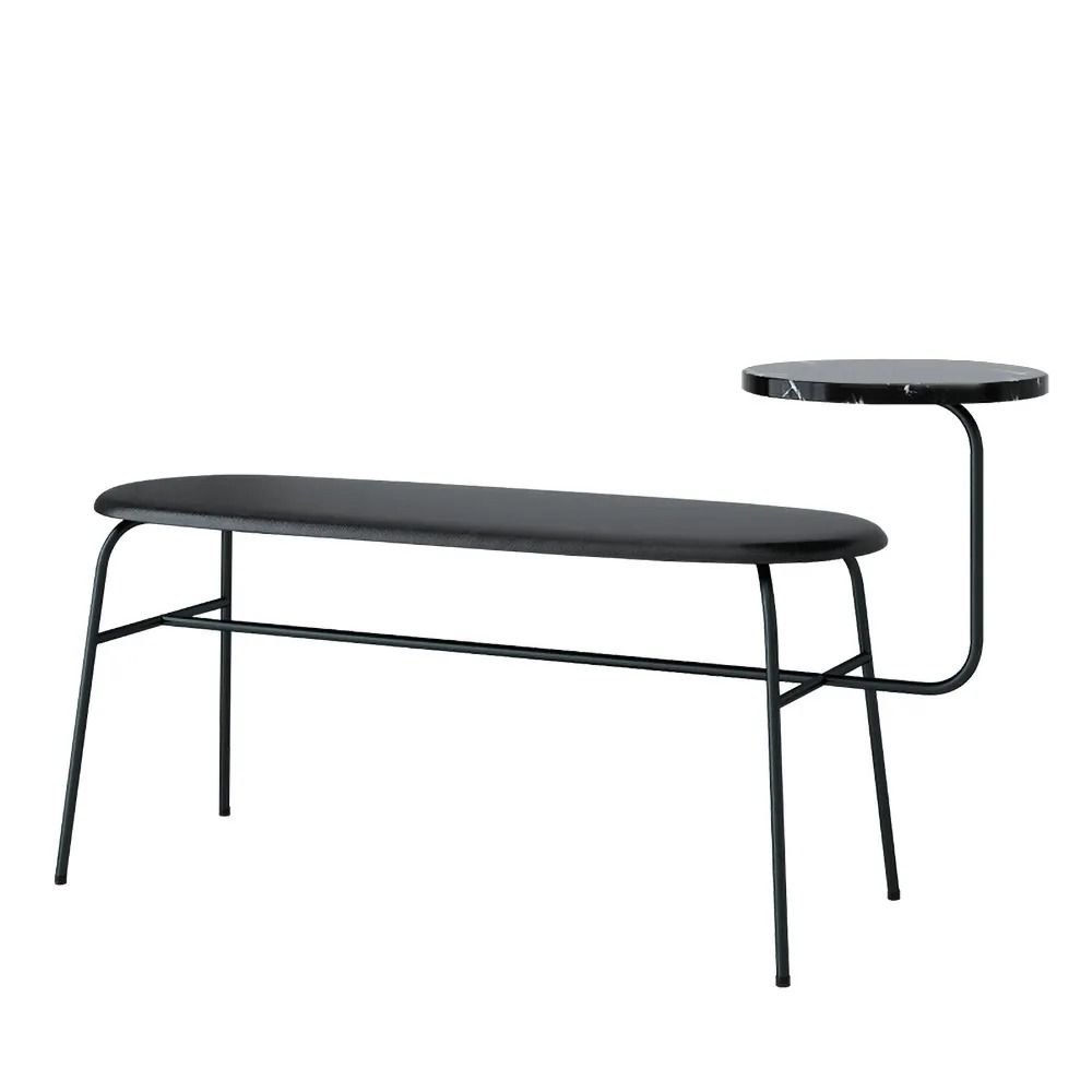 Modern Oval Shape Bench with Side Table Black PU Leather Upholstery