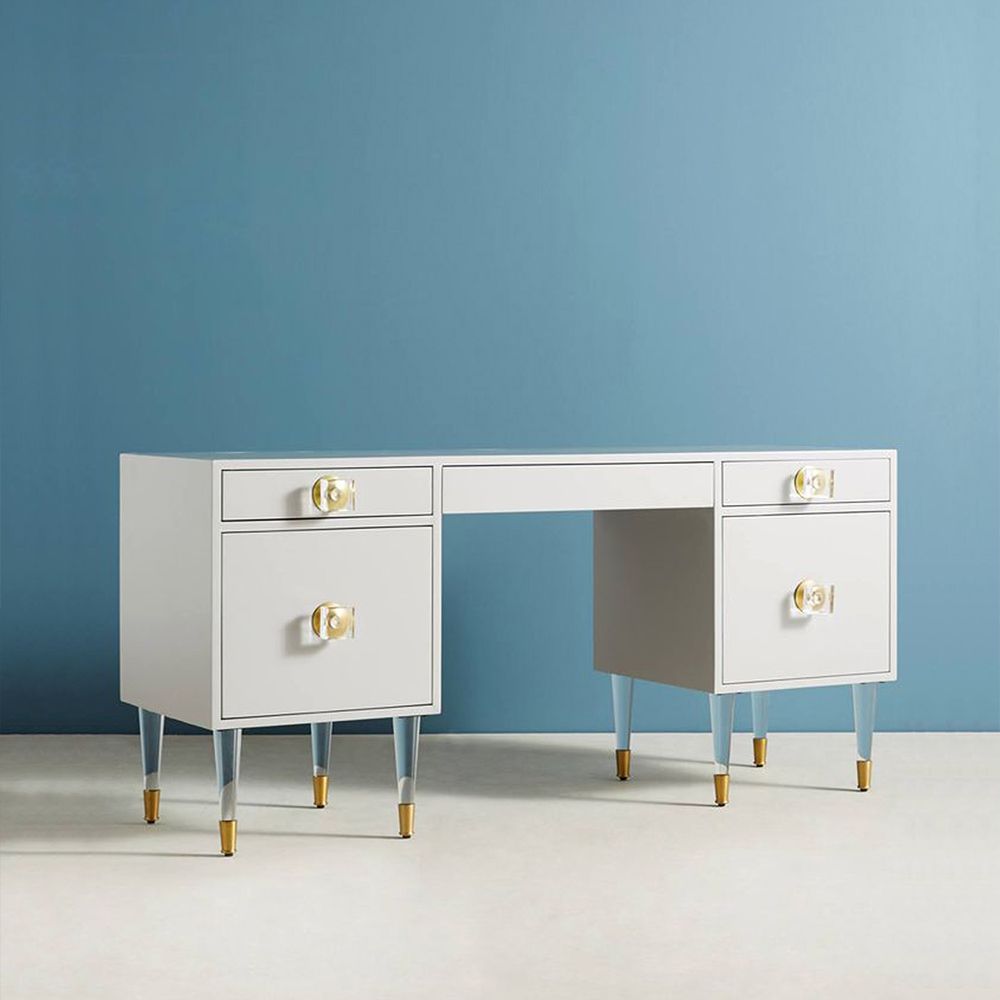 White Modern Wood Makeup Vanity Acrylic Clear and Gold Dressing Table