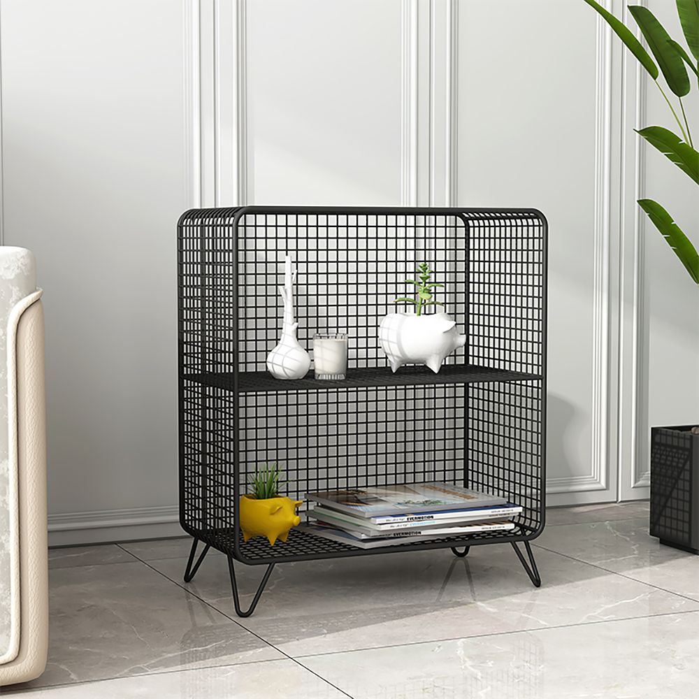 Black Modern Metal Mesh Standard Bookshelf 2Tier Shelf