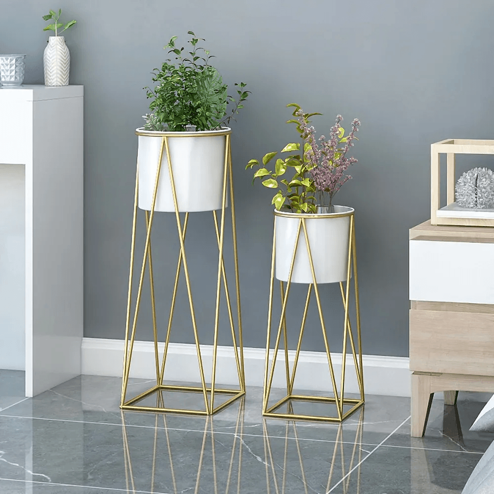 White Plant Pots Modern Planter with Gold Stand for Indoor&Outdoor Set of 2
