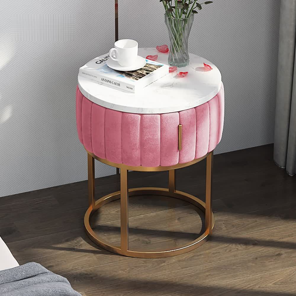 Pink Marble End Table with Drawer Marble Frame Round Side Table