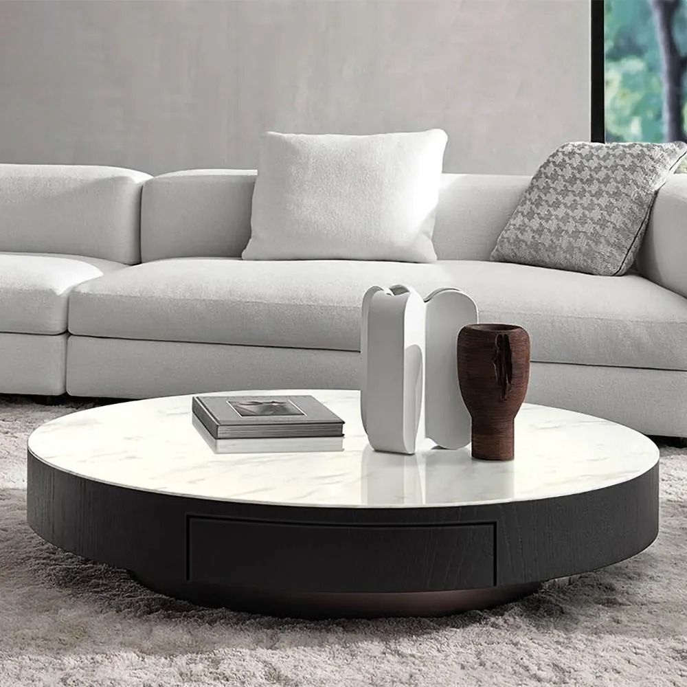 White Round Coffee Table with Storage Modern Accent Table Marble Top