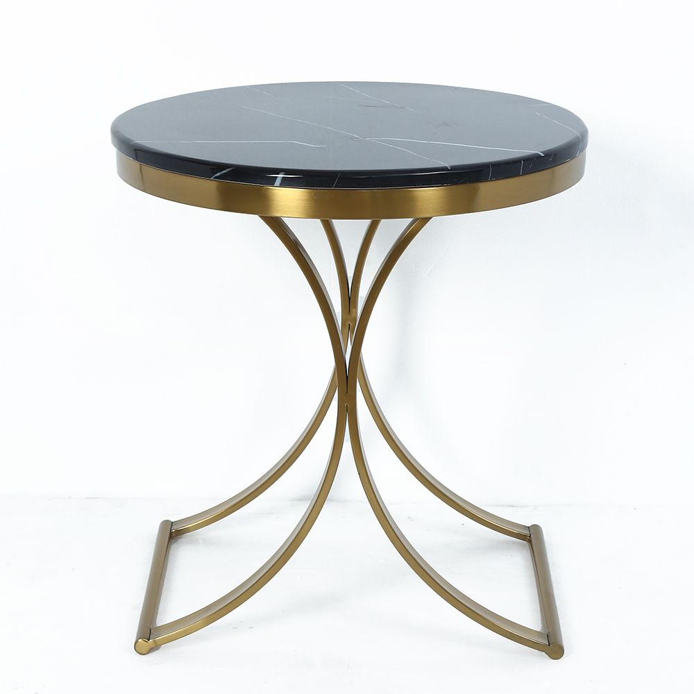 Modern Luxurious Round Black Stone Side Table XBase End Table in Gold
