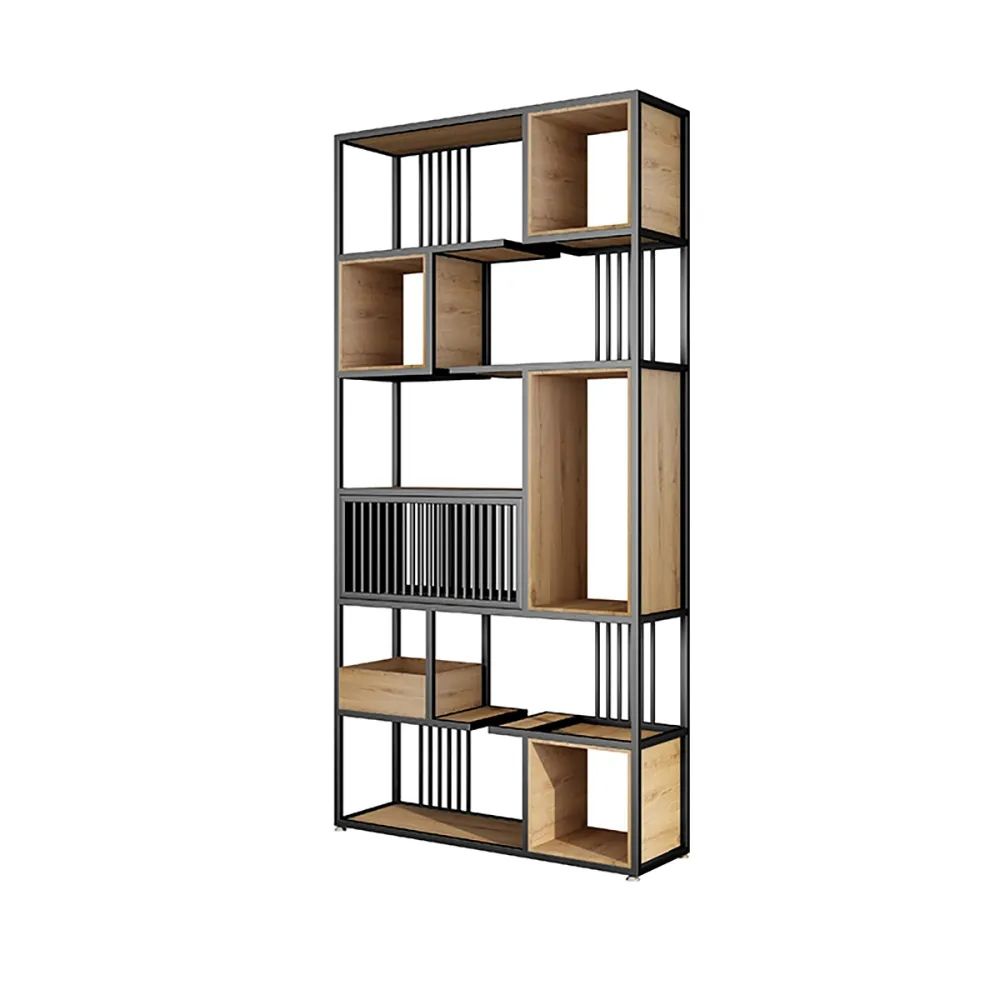 2000mm Contemporary Geometric Bookshelf Black & Natural