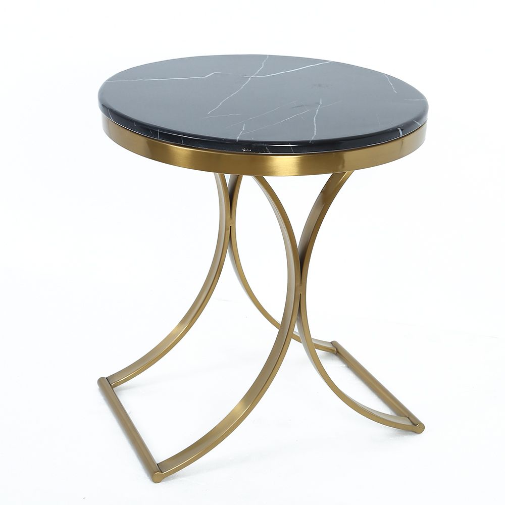 Modern Luxurious Round Black Stone Side Table XBase End Table in Gold