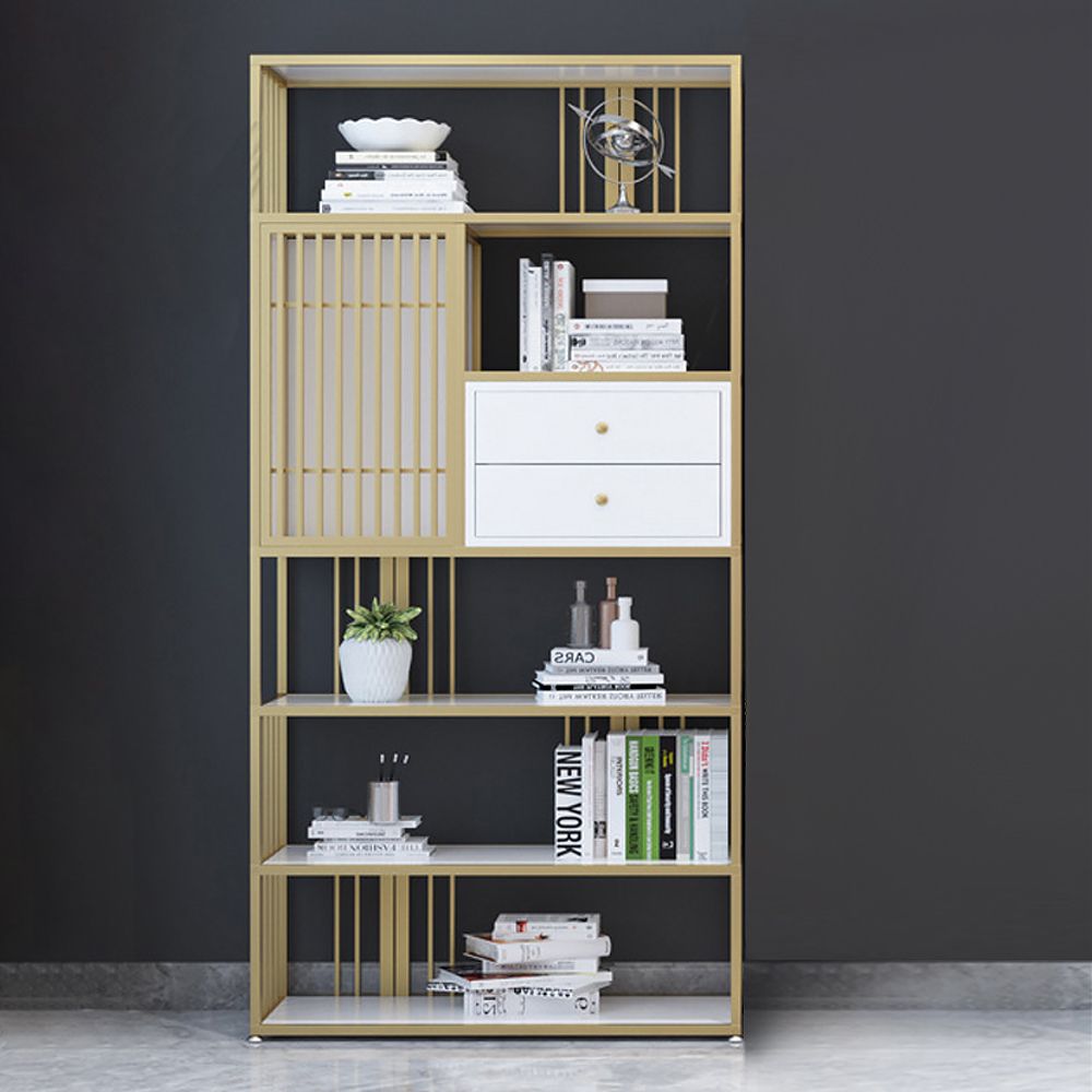 Contemporary Line Solid Wood Etagere Bookshelf in Gold&White