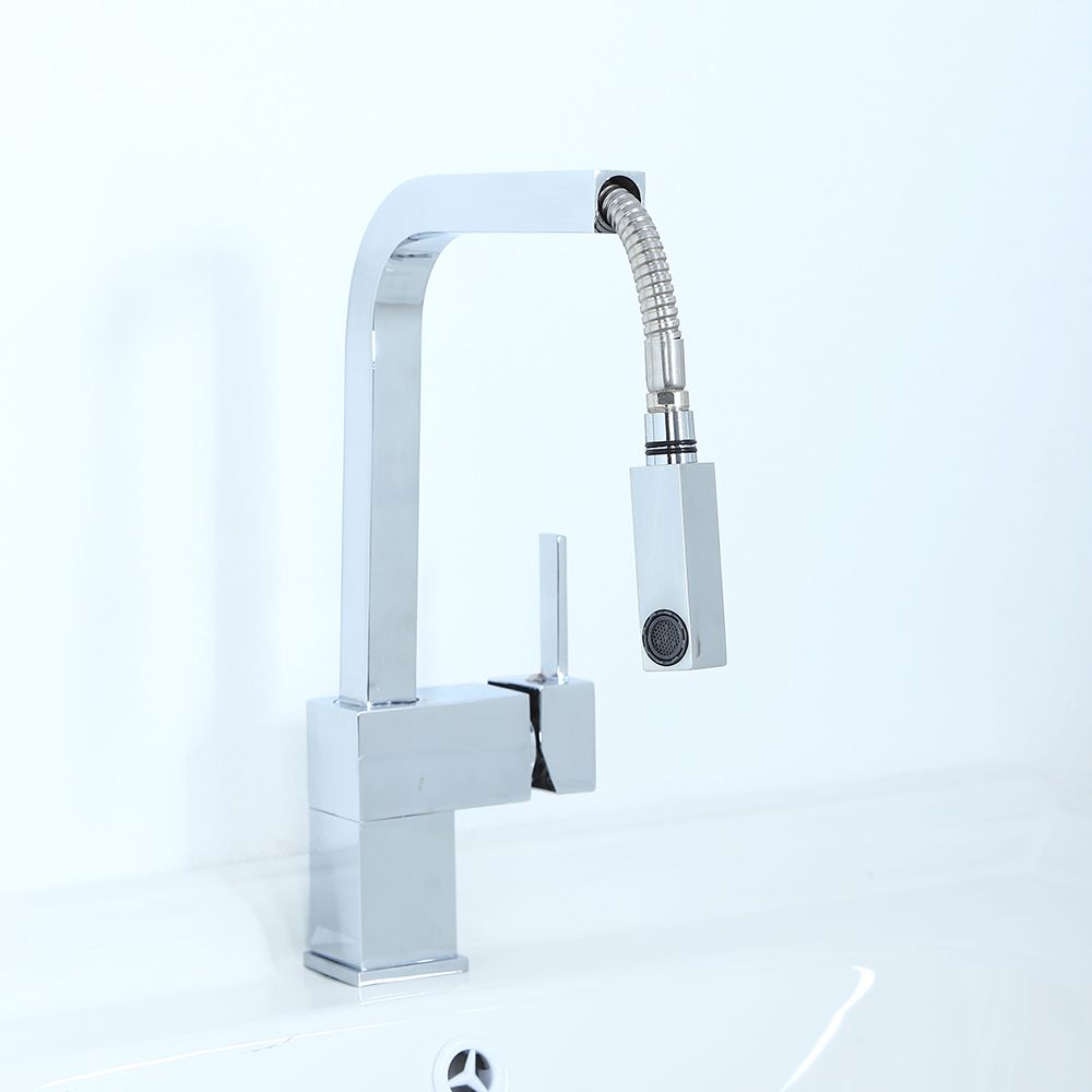 Contemporary Single Handle Square PullOut Brass Kitchen Faucet in