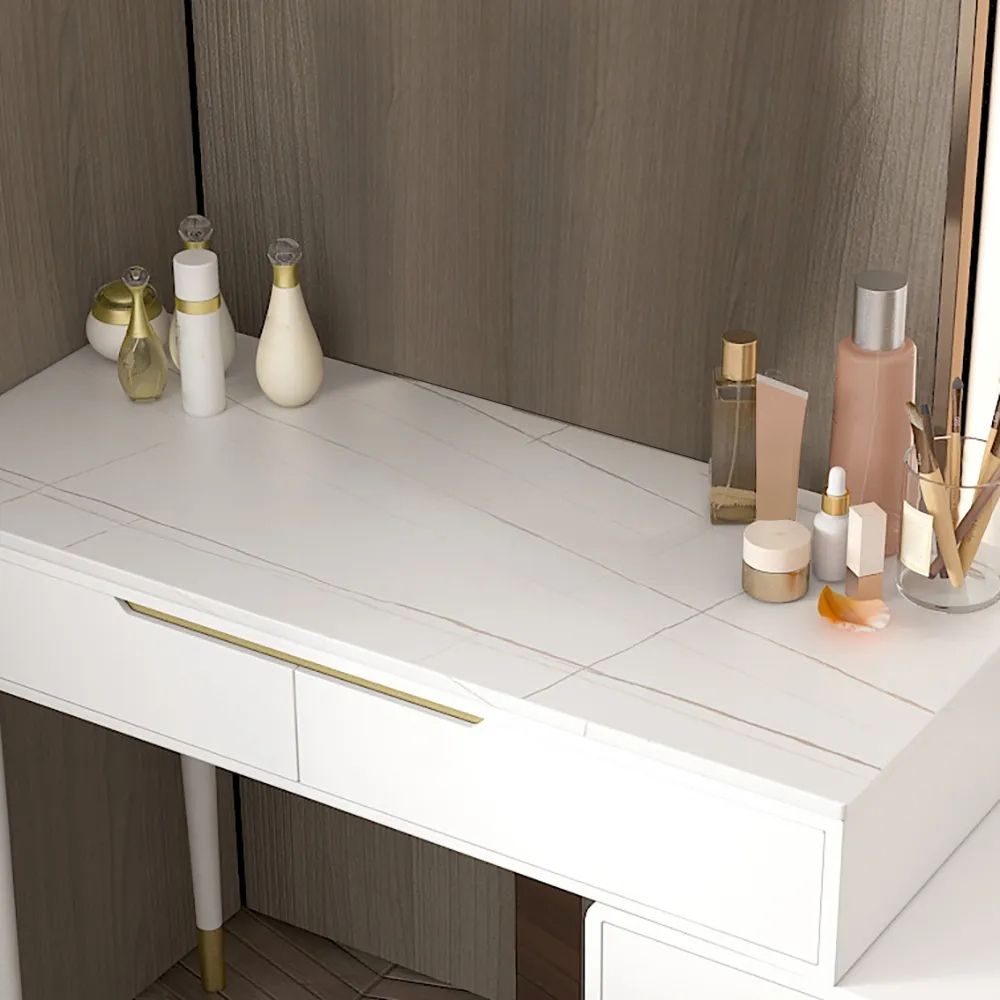 Modern White Makeup Vanity Retracted Stone Top with 5 Drawers in Small