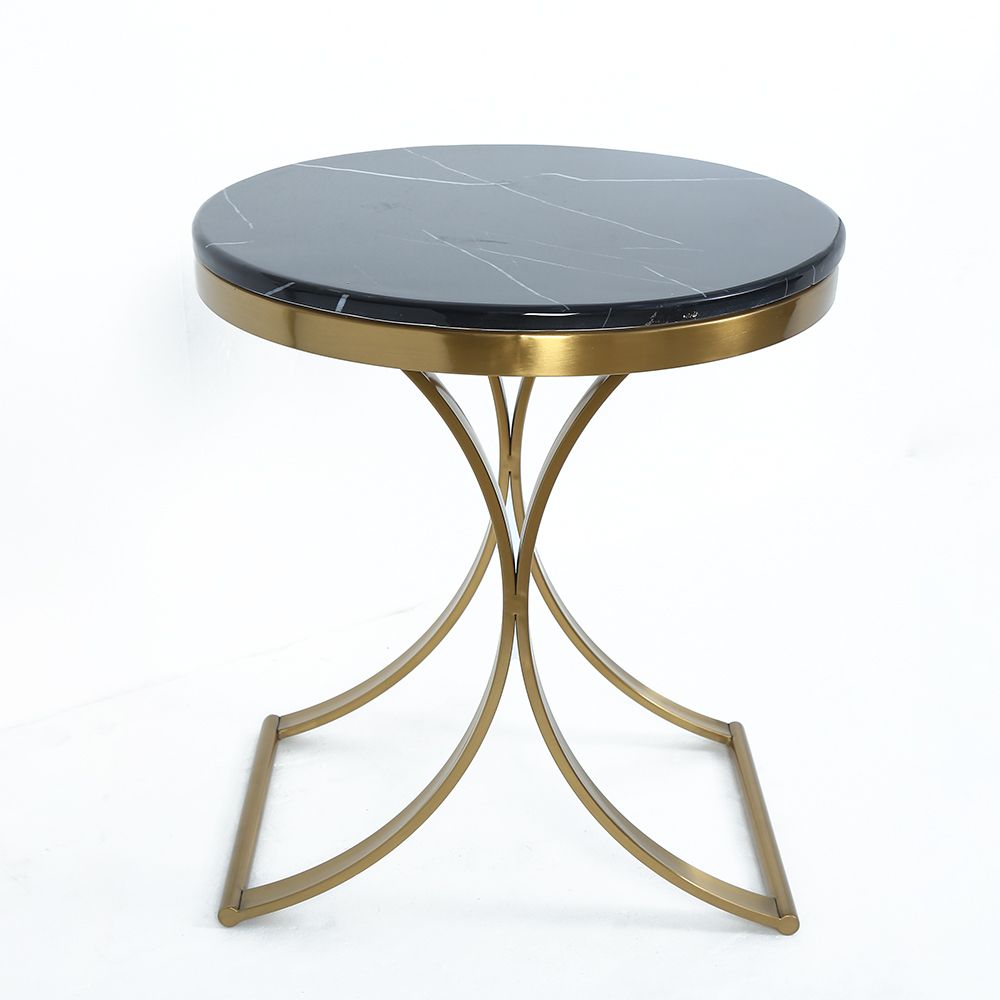 Modern Luxurious Round Black Stone Side Table XBase End Table in Gold