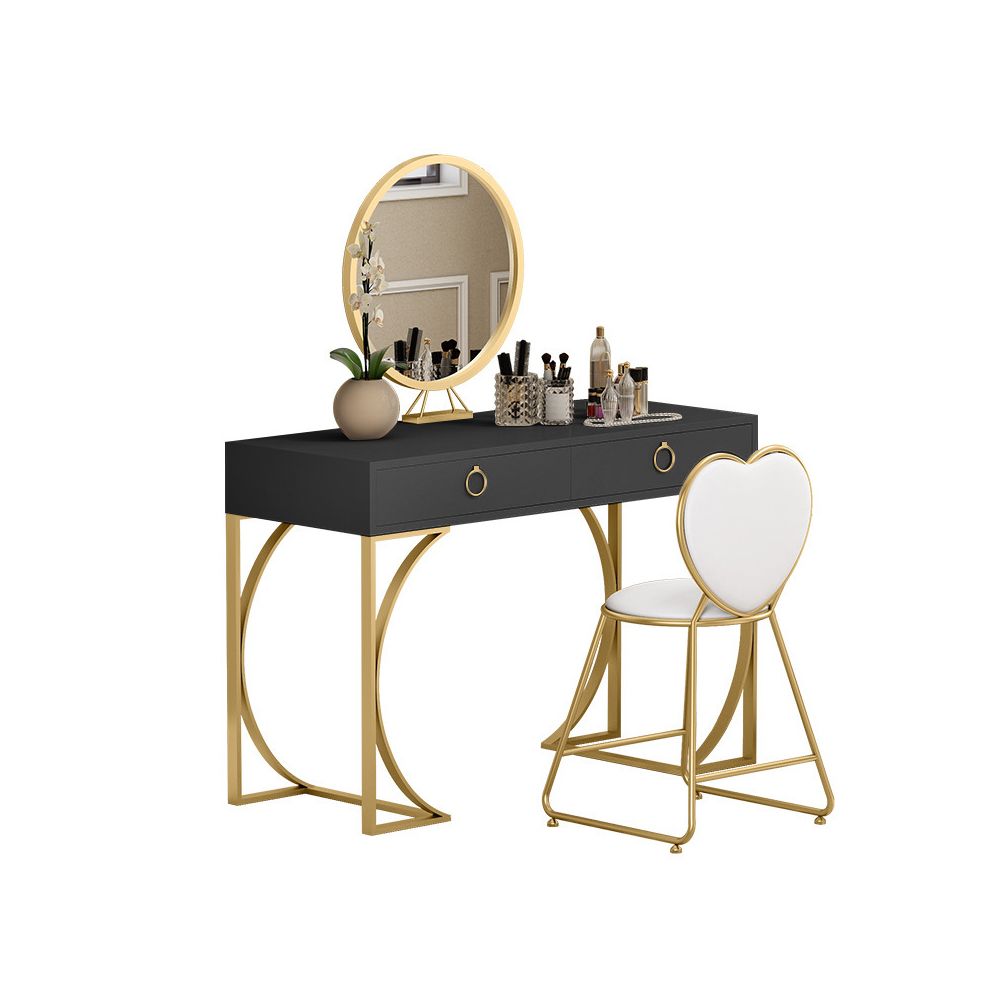 Modern Black Makeup Vanity 2Drawer Dressing Table with Mirror & Faux