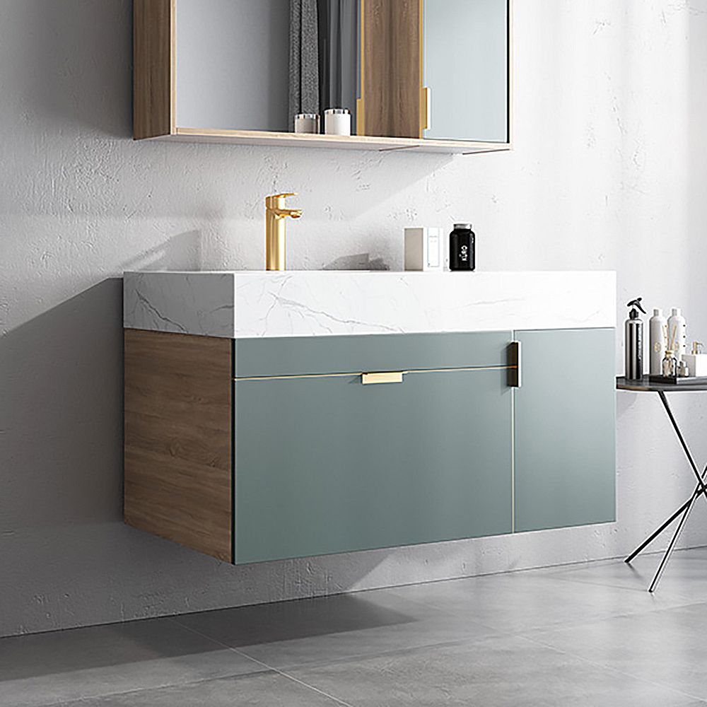 39.4" Green Floating Bathroom Vanity Stone Top & Ceramics Undermount