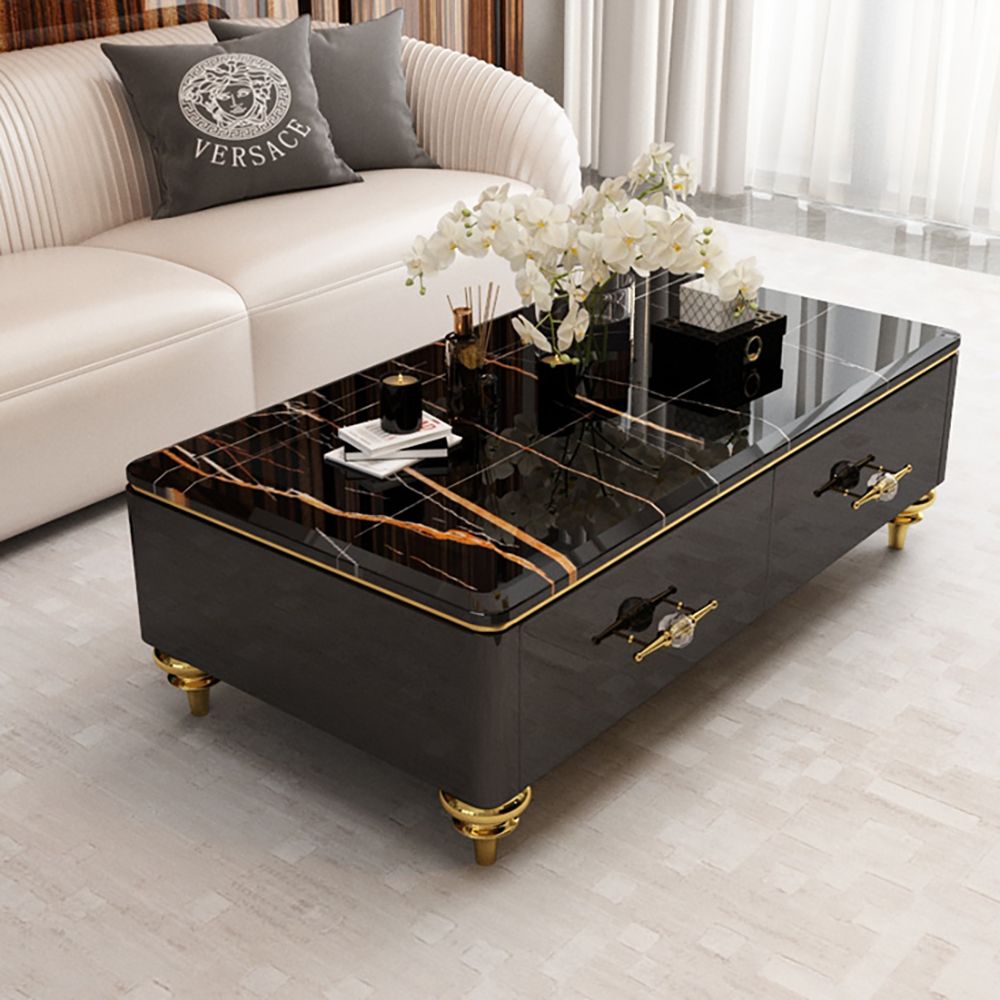 51.2" Modern Marble Coffee Table & Storage Drawers Gold Stainless Steel