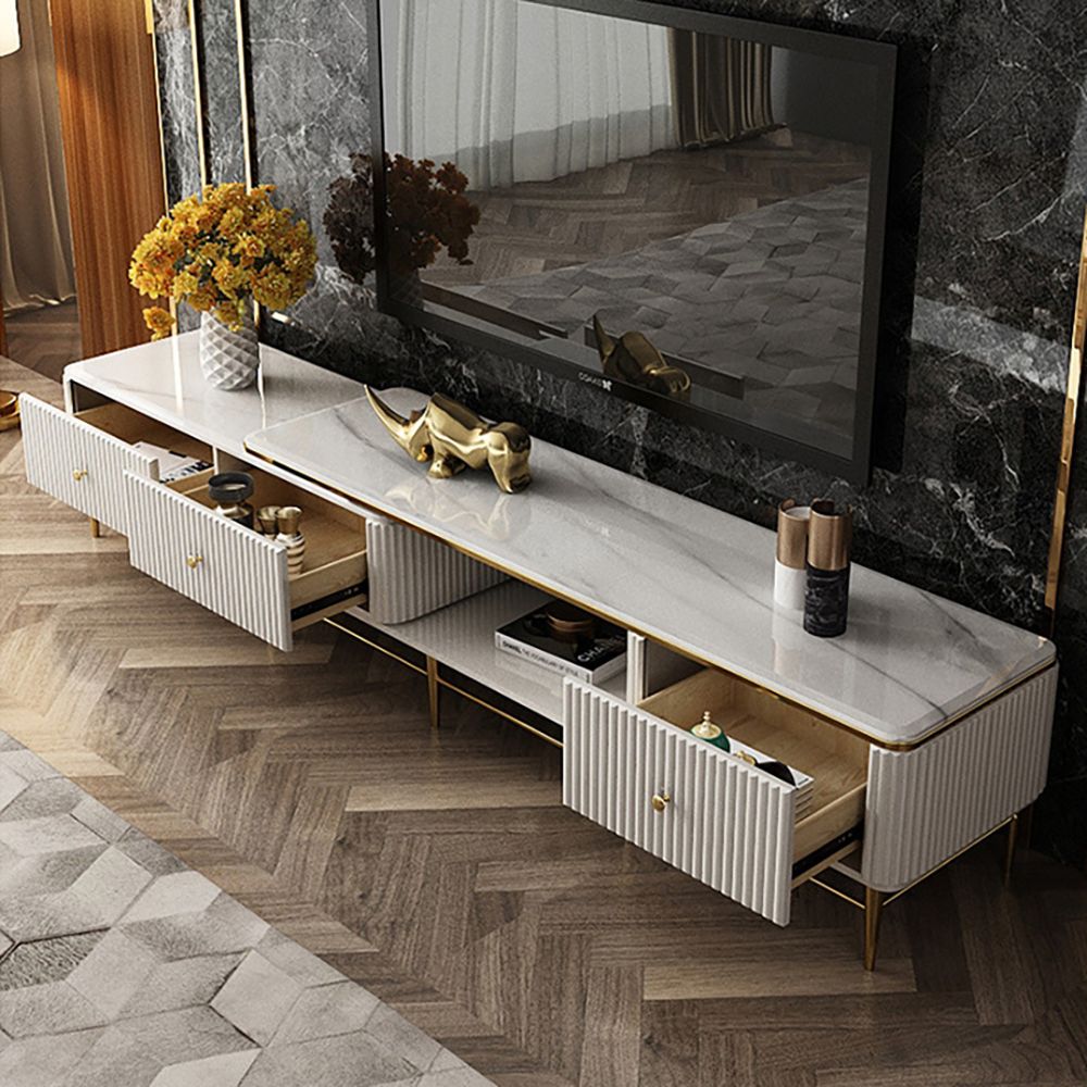 Modern White TV Stand Faux Marble Top Extendable 3Drawer Media Console