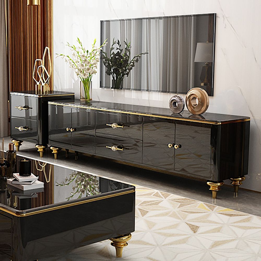 Modern Black TV Stand 4 Door 2 Drawer Luxurious Media Console   D846063640774780acfab4b13e583841 