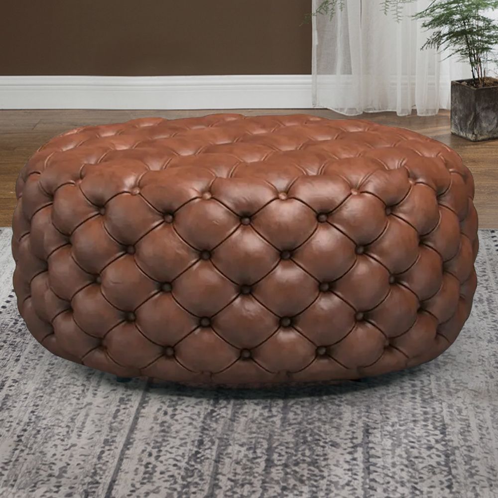 Brown Ottoman Round PU Leather Tufted Upholstered Stool In Small   Dd5d203f2f084beb81fd3a800ecd7672 