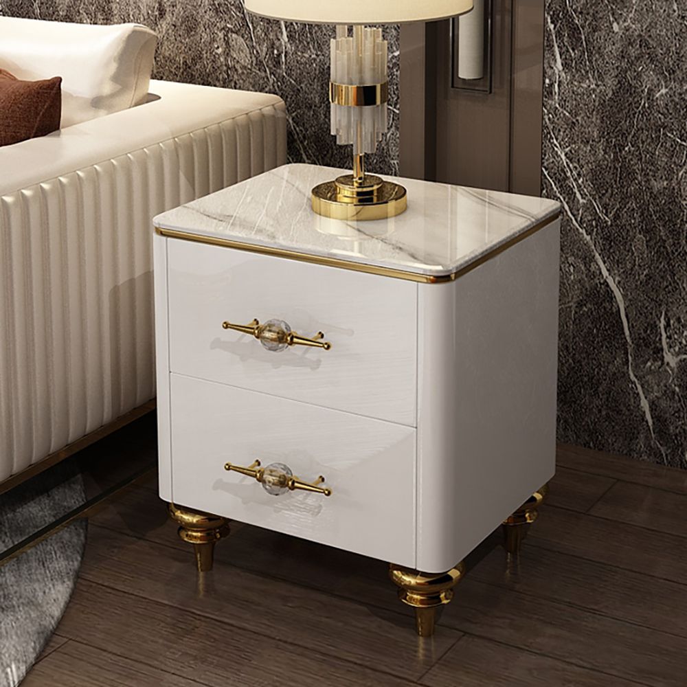 Small Marble Top End Table Modern Side Table with 2 Drawers Nightstand