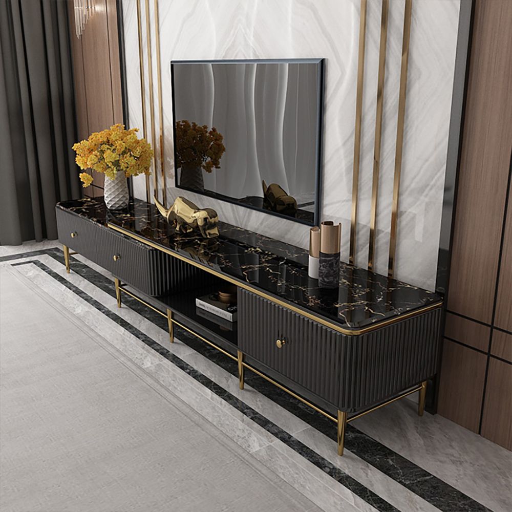 Modern Black Tv Stand Faux Marble Top Extendable Drawer Media Console