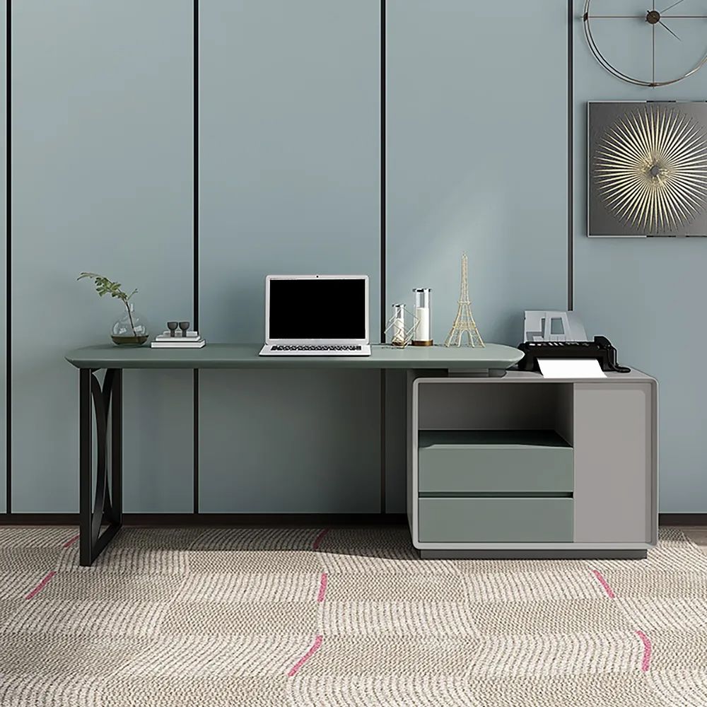 Green & White Office Desk with Cabinet Adjustable L-Shape Computer Desk