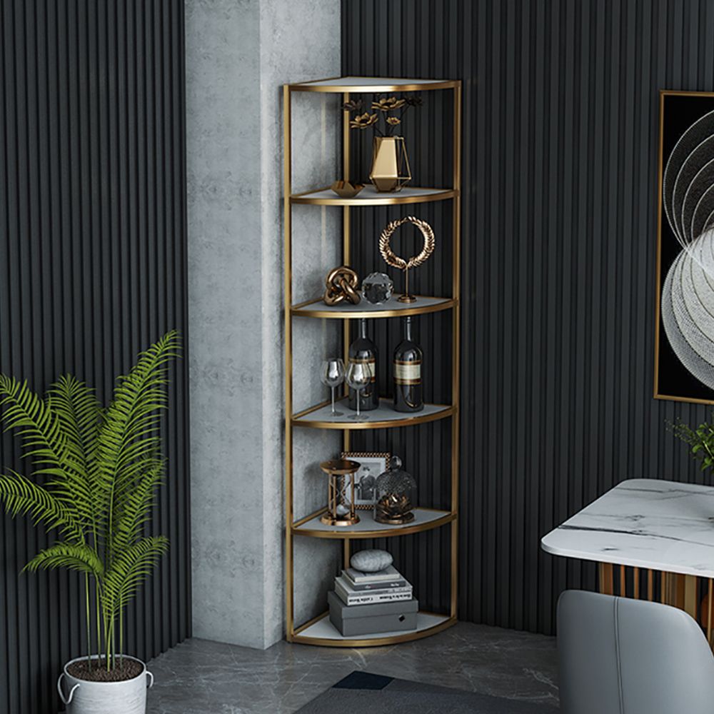 70.9" Fanshaped Gold & White Corner Bookshelf Bookcase in 6 Shelves