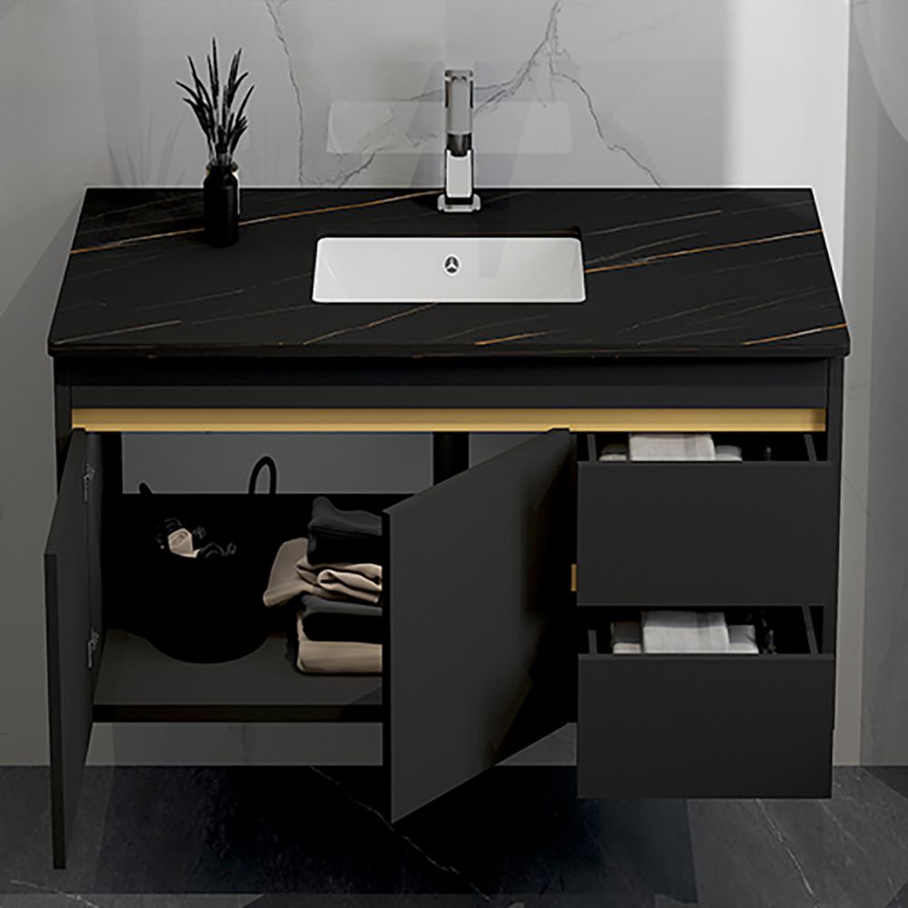 36" Black Floating Bathroom Vanity Black Stone Top Ceramics Undermount