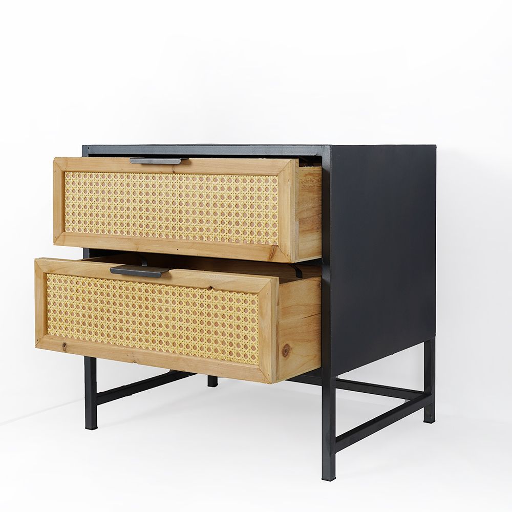 Industrial Nightstand Rattan Nightstand with 2 Drawers Storage for Bedroom
