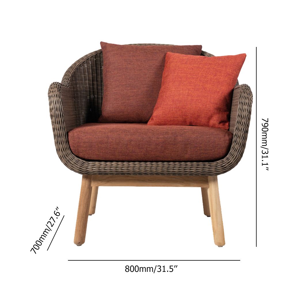 Rope Woven Patio Lounge Armchair with Solid Wood Frame Brick Cushion