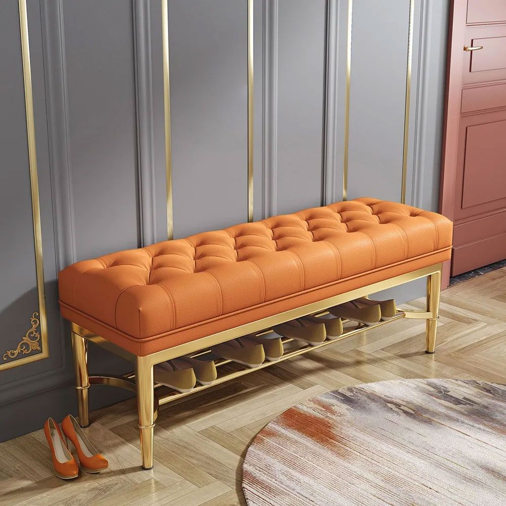 Orange Button Tufted Bench with Shelf Shoe Storage Faux Leather Upholstered Bench for Bedroom