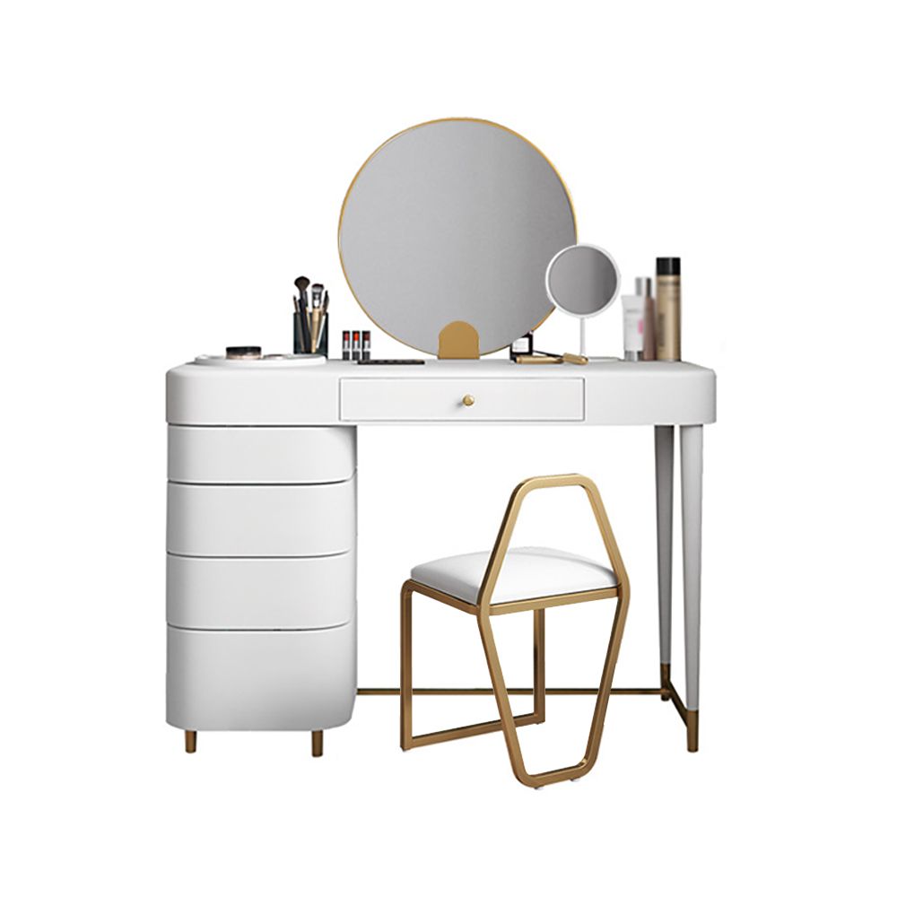 White Wood and Metal Makeup Vanity Set with Mirror and Stool