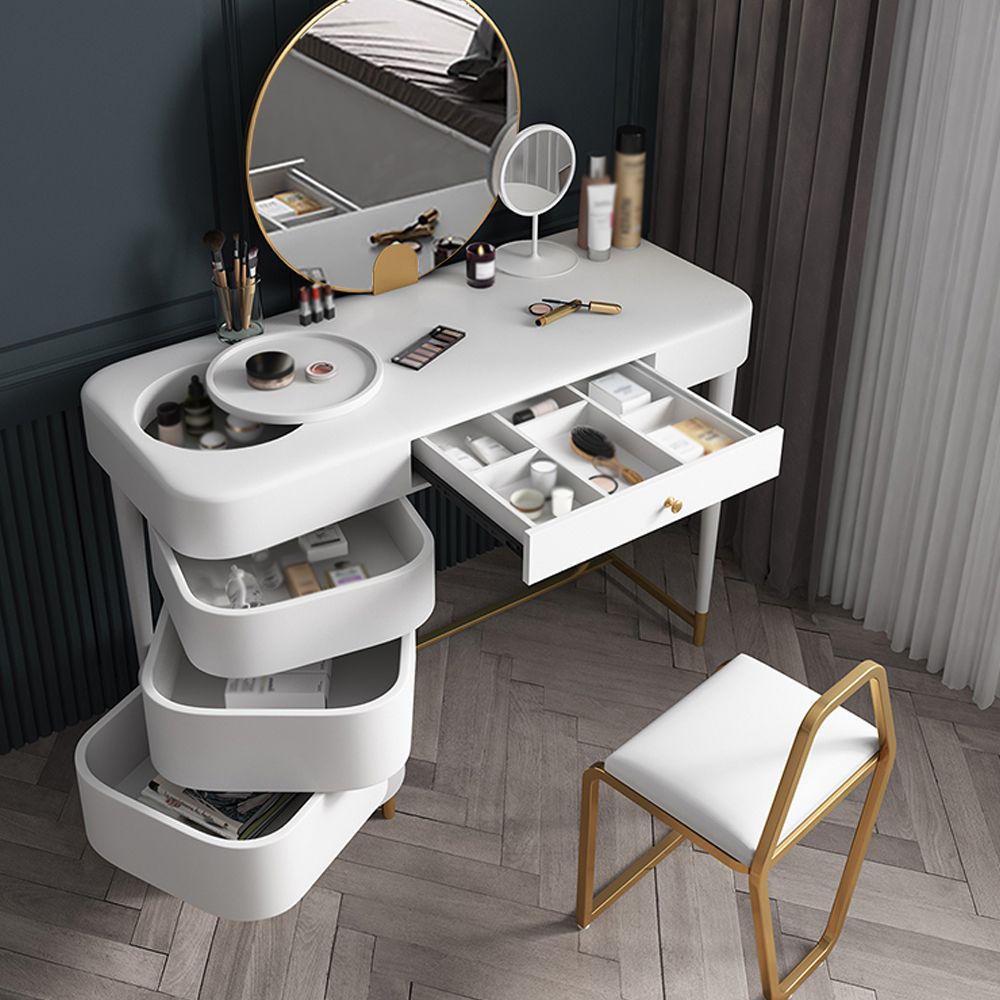 White Wood and Metal Makeup Vanity Set with Mirror and Stool