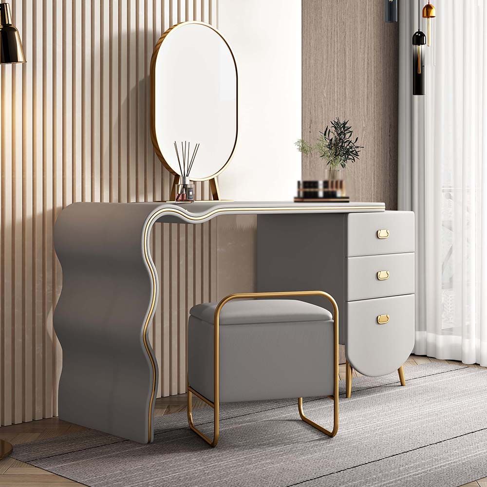 Light Gray Wood and Metal Makeup Vanity Set with Mirror and Stool