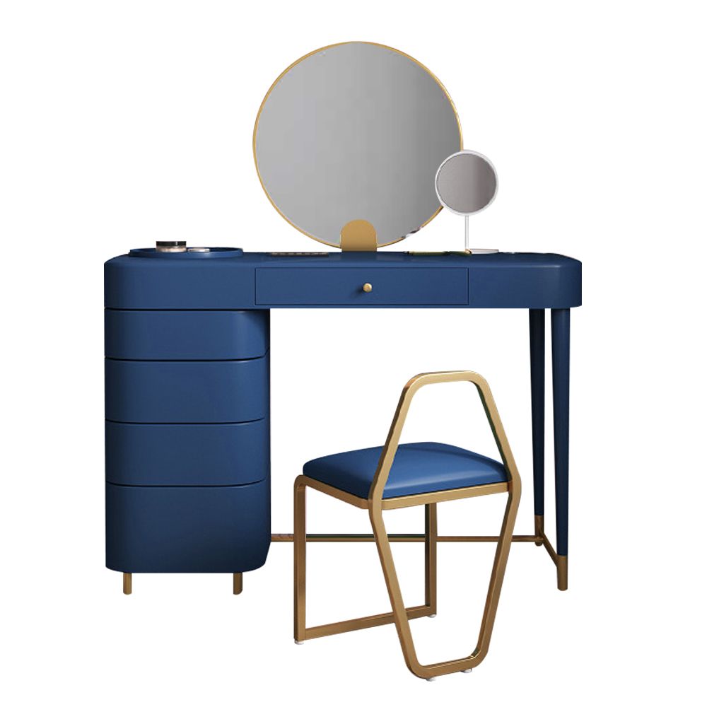 Blue Wood and Metal Makeup Vanity Set with Mirror and Stool
