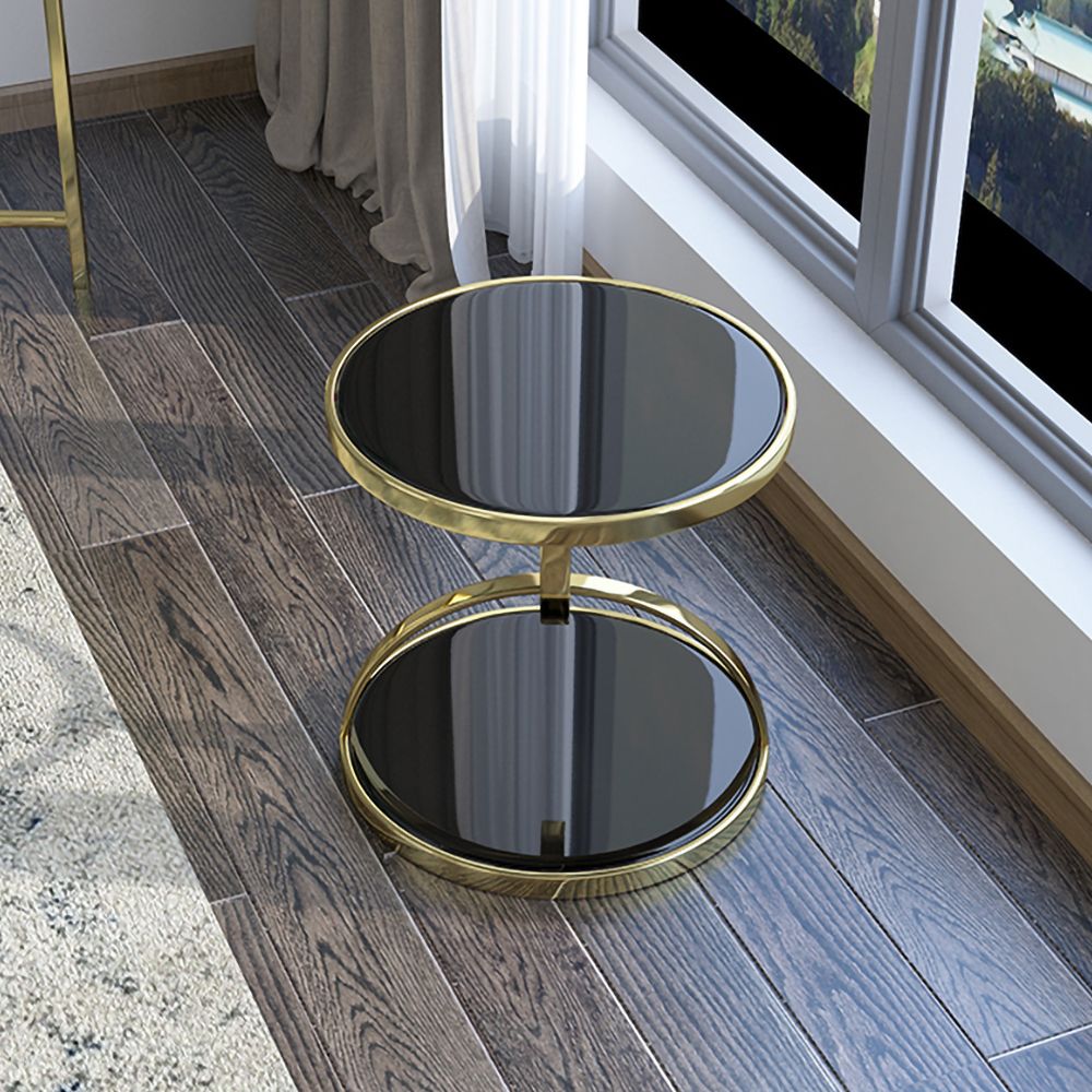 Black Round Side Table Tempered Glass with Storage End Table in Gold