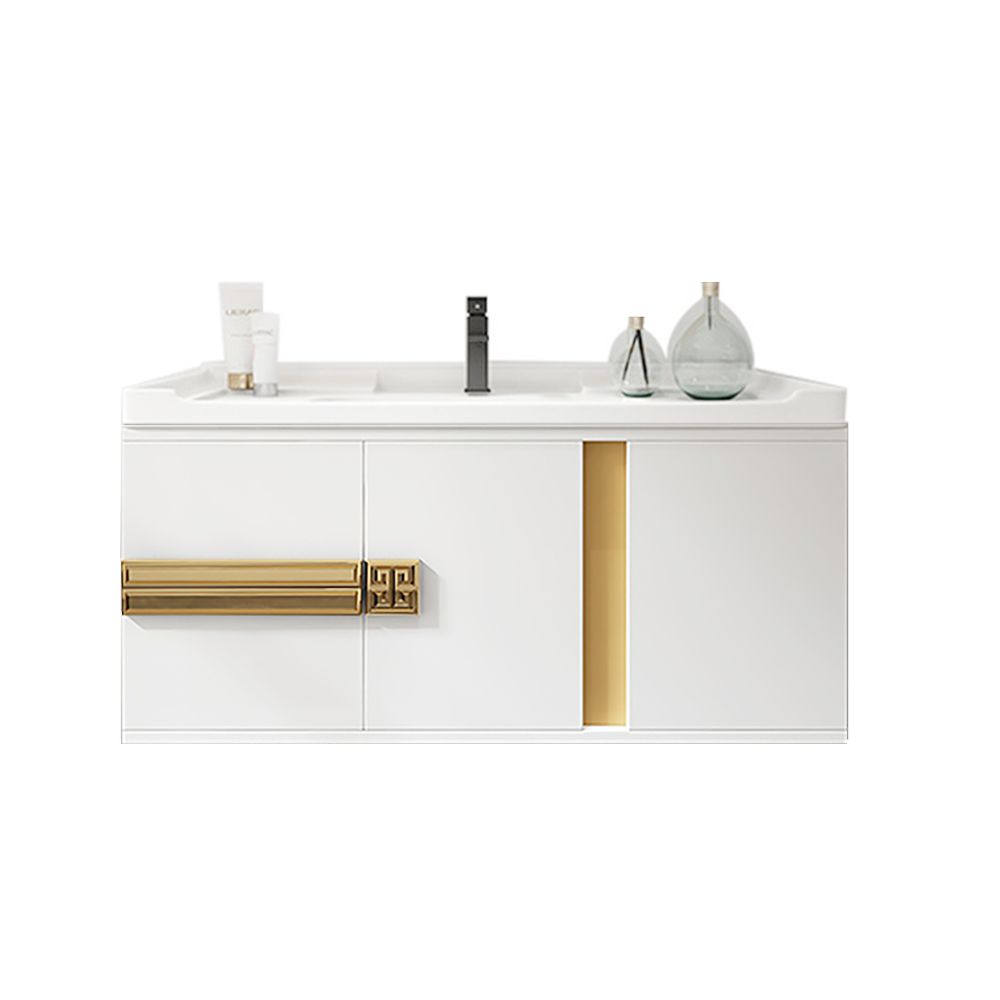 White 40" WallHung Bathroom Vanity with Top Ceramic Dropin Sink Gold Pulls