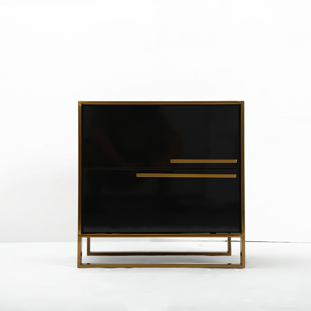 Modern 2 Drawers Black Lacquer Nightstand in Gold