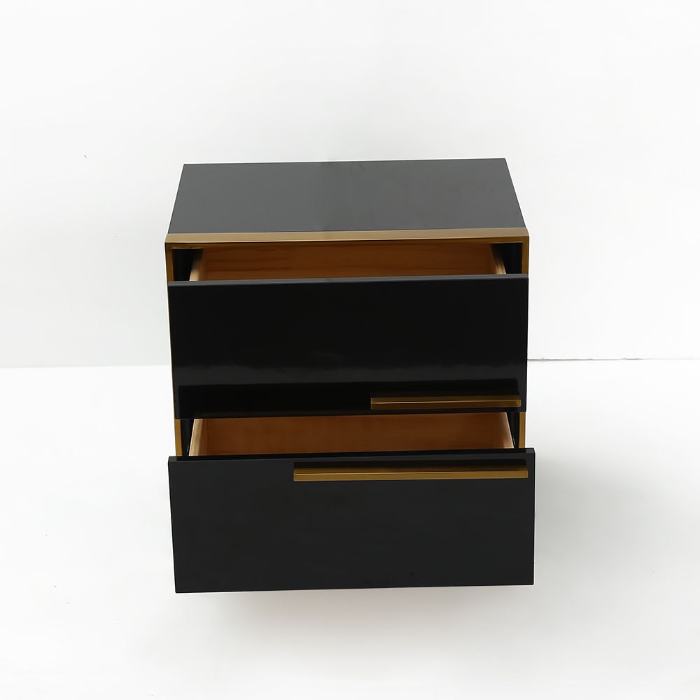 Modern 2 Drawers Black Lacquer Nightstand in Gold