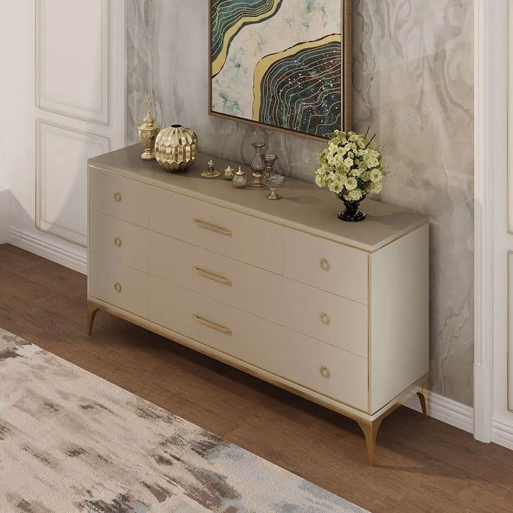 63" Contemporary 9Drawer Champagne Bedroom Dresser for Storage in Gold