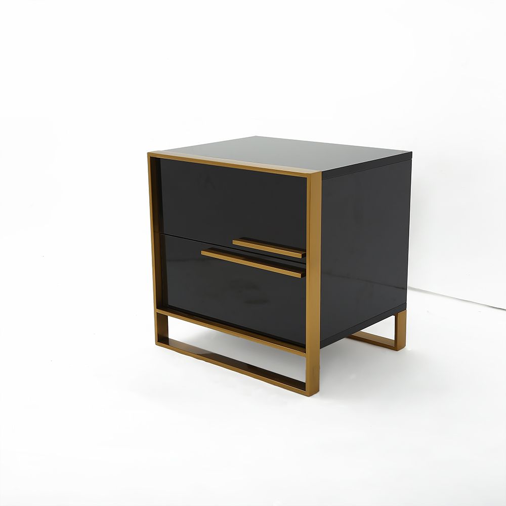 Modern 2 Drawers Black Lacquer Nightstand in Gold